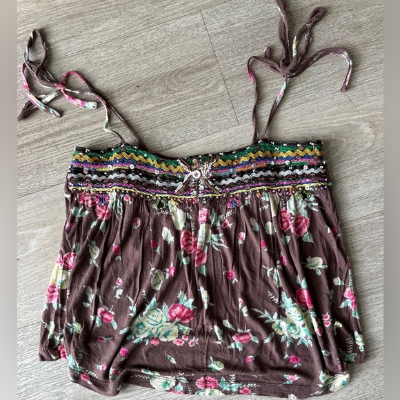 Free People Tops - Vintage Free People Hippie Tank Top w Floral print and Rick Rack Sequin Trim
